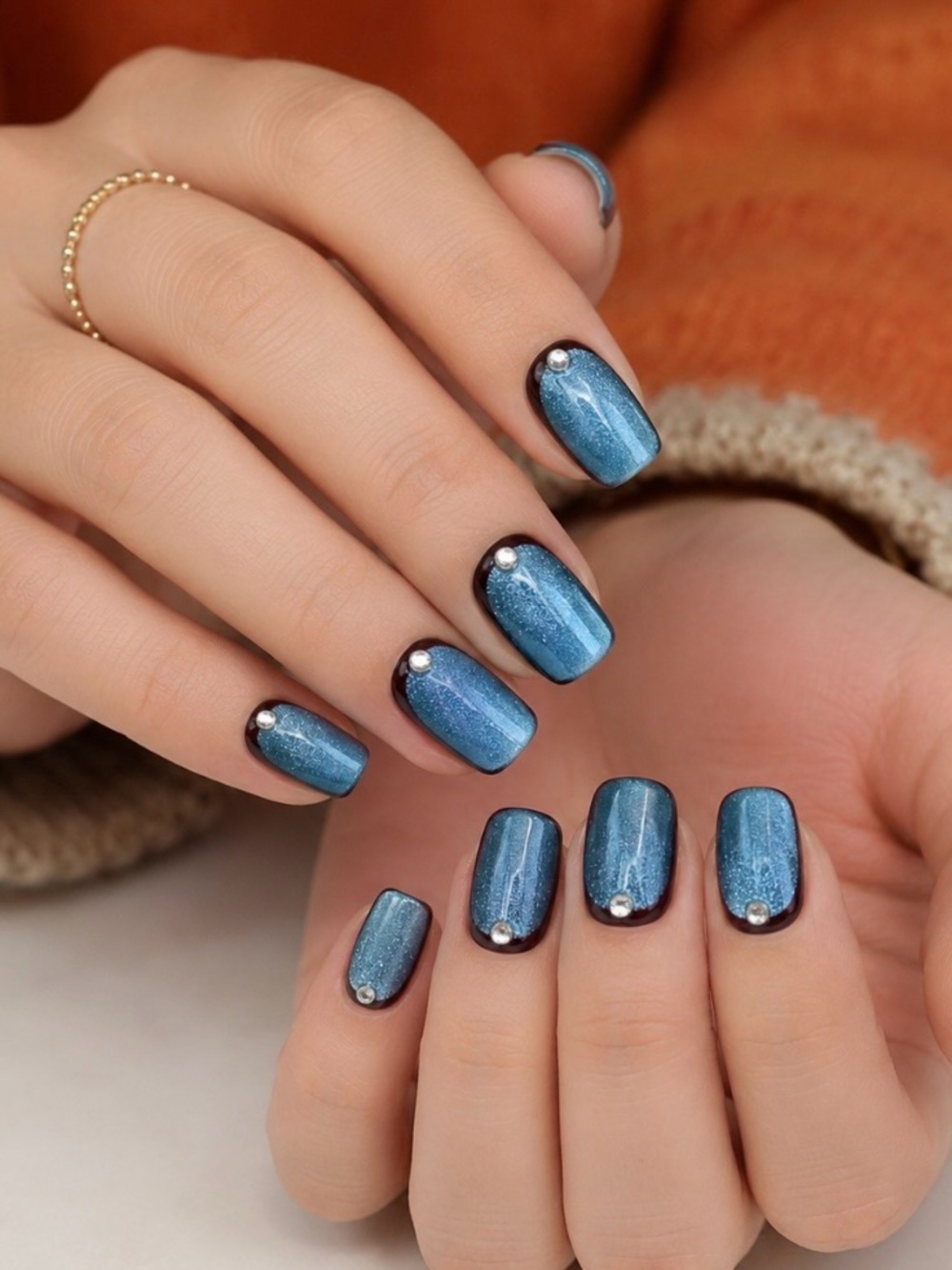 Shimmering Blue Metallic Nail Set with Rhinestone Accent size L
